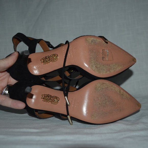 Sz 36.5 6.5 Aquazzura Black Suede Tie Up Cut Out Heels - Picture 9 of 10